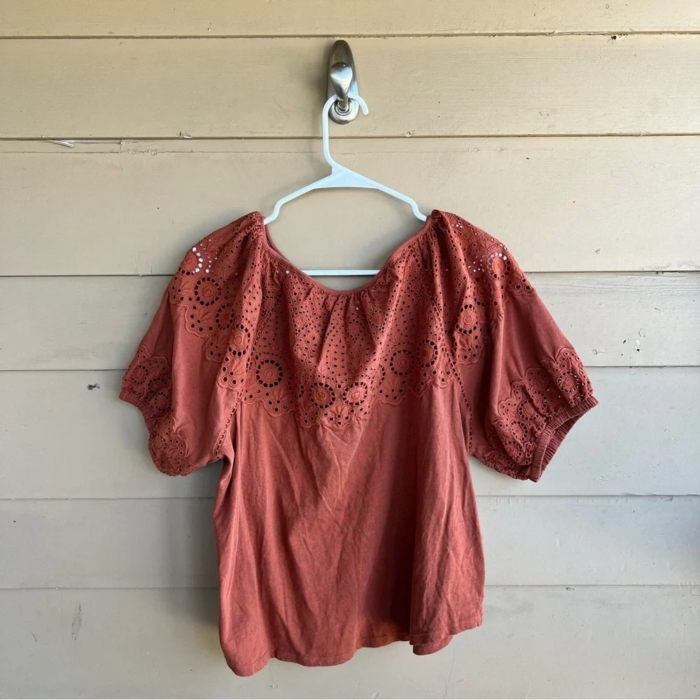 Loft Rust Red Cotton Puff Sleeve Top With Eyelet Lace Yoke, M